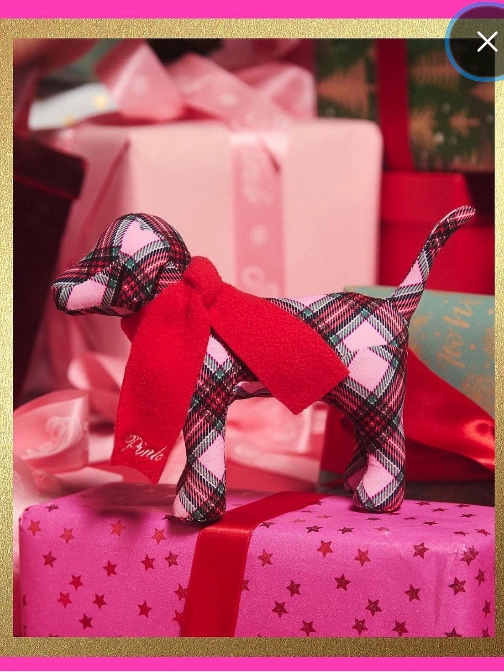 PINK Victoria's Secret Plaid Pink & Black Holiday Dog Plush with Red Bow